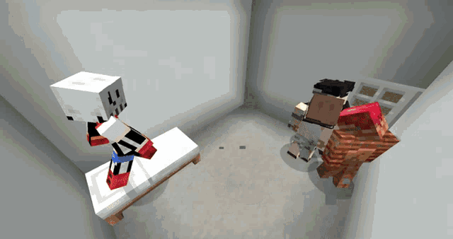 a minecraft scene with a skeleton standing next to a bed