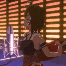 a girl with headphones is singing into a microphone