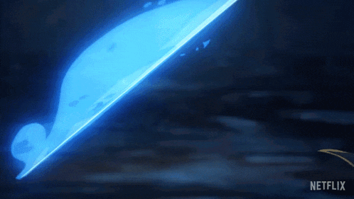 a person is holding a blue light saber in their hand .