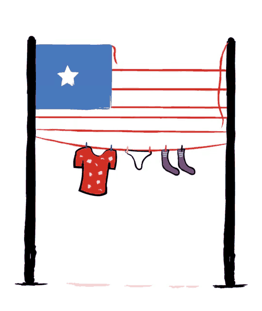 a cartoon drawing of clothes hanging on a clothes line with a flag in the background