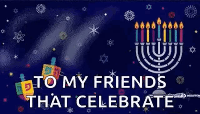 a hanukkah greeting card with a menorah , dreidel , and candles .