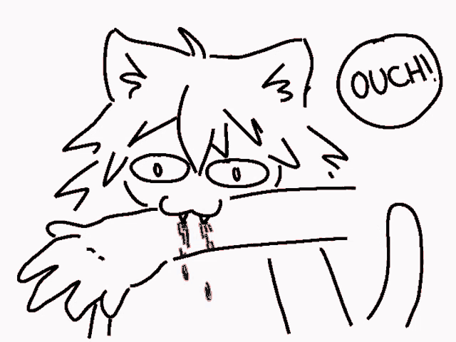 a drawing of a cat with blood coming out of its mouth and a circle that says ouchi