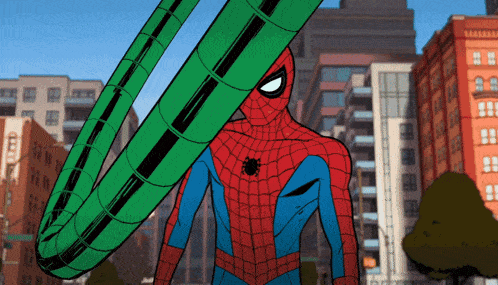 a cartoon drawing of spider-man holding a green web