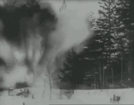 a black and white photo of a snowy forest with trees and smoke coming out of them .
