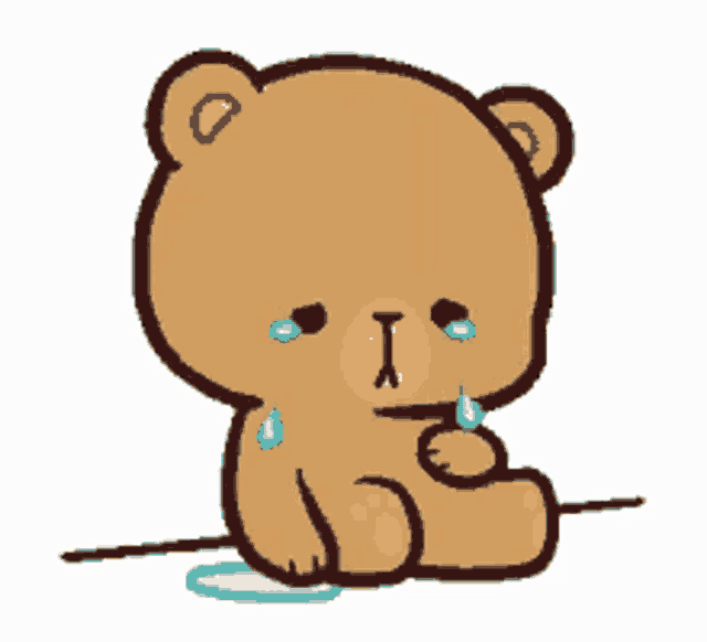 a cartoon teddy bear is crying and sitting on the ground