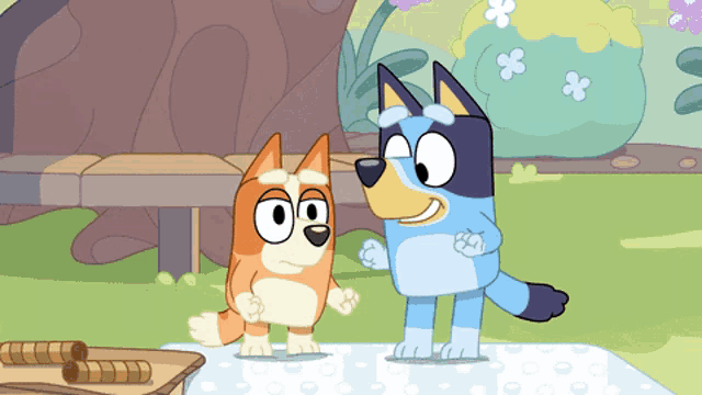 two cartoon dogs are standing next to each other on a rug