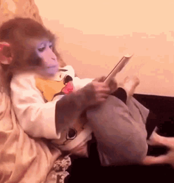 a baby monkey is sitting on a couch reading a book .