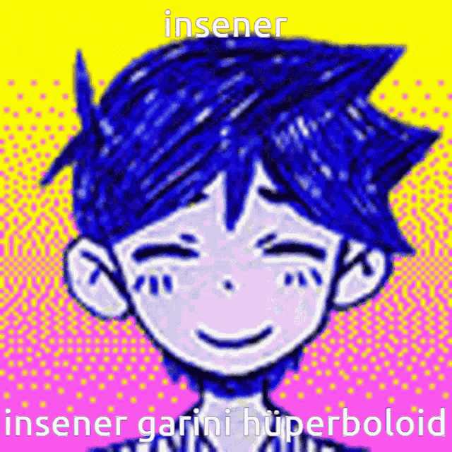 a drawing of a boy with blue hair and the words insener insener garini hyperboloid on the bottom