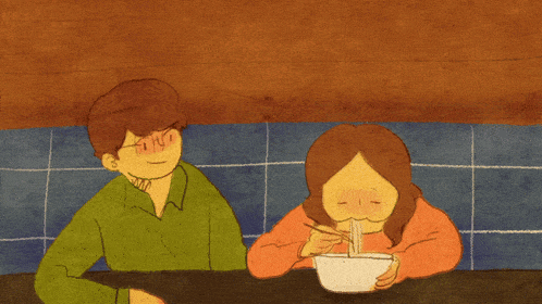 a cartoon drawing of a man feeding a woman a bowl of food