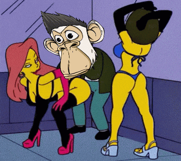 a cartoon of a man with a monkey mask and two women in bikinis