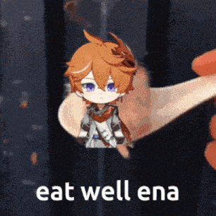 a person is holding a spoon with a chibi character on it and the words eat well ena below it .
