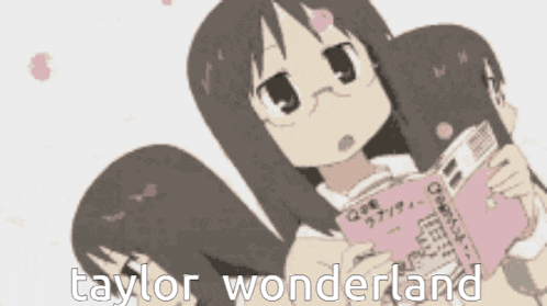 a cartoon girl is reading a book with the words taylor wonderland written below her