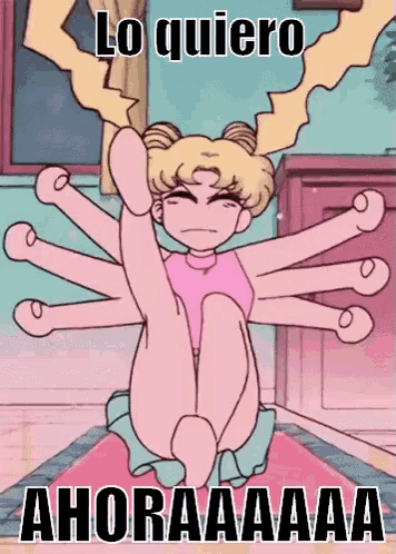 a cartoon of a girl sitting on a yoga mat with the words lo quiero ahoraaaa on the bottom