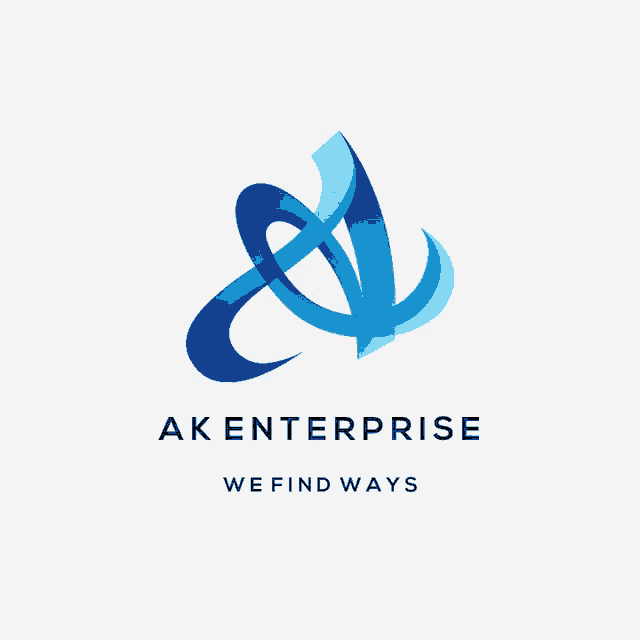 a logo for ak enterprise we find ways with a blue swirl