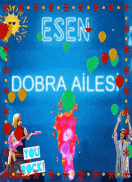 a blue background with a neon sign that says ' esen dobra ailes ' on it