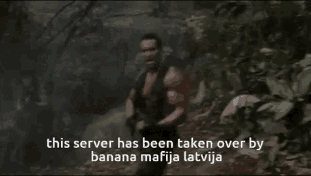 a blurred image of a man in the woods with the words this server has been taken over by banana mafia latvija