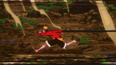 a cartoon character with a straw hat and a red shirt is running