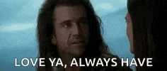 a man with long hair is looking at a woman with the words `` love ya , always have '' written below him .