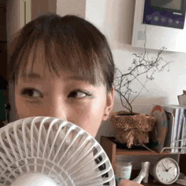 a woman is covering her face with a fan in a room .
