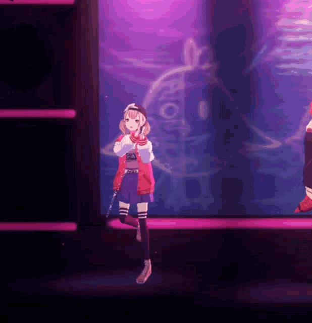 a girl in a red jacket stands in front of a purple background with the word ron on it
