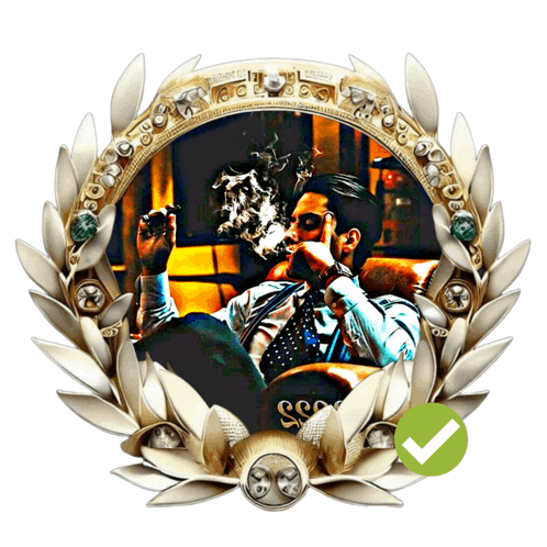 a picture of a man smoking a cigar is surrounded by a laurel wreath and a green check mark