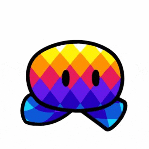 a colorful cartoon character with a rainbow colored face and a blue tail .