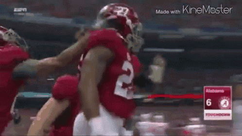 a group of football players are celebrating a touchdown on a field .