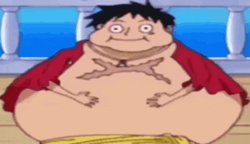 a cartoon character with a very large belly is sitting on a wooden bench .