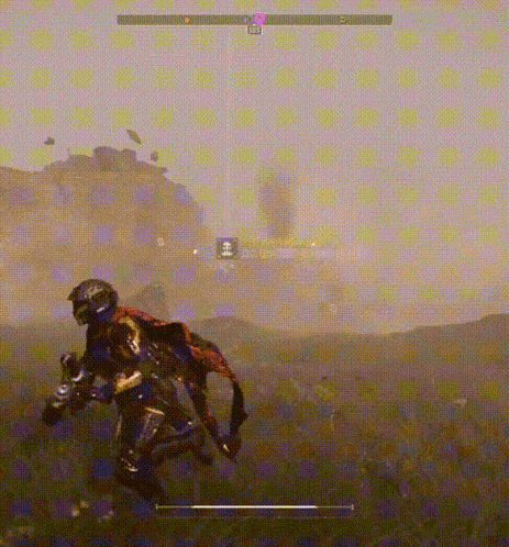 a person in a video game is running through a field with a purple item in the upper left corner