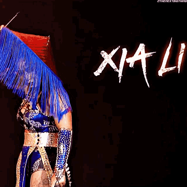 a woman in a blue and gold outfit stands in front of a black background that says xia li