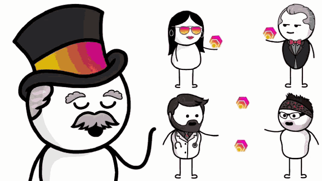 a cartoon of a man wearing a top hat surrounded by other characters