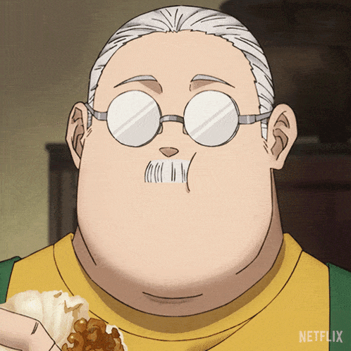 a man with glasses and a mustache is holding a piece of food with a netflix logo on the bottom