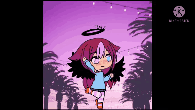 a girl with wings is standing in front of a purple sky and palm trees .