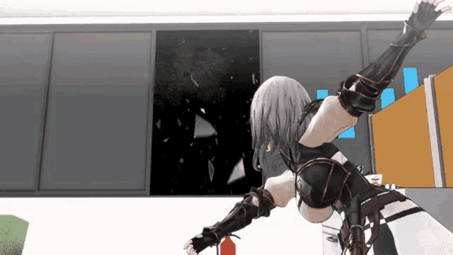 a woman in a video game holding a fire extinguisher