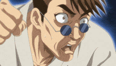 a cartoon of a man wearing round sunglasses and a white shirt