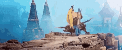a person is sitting on top of a statue of a lion in a video game .