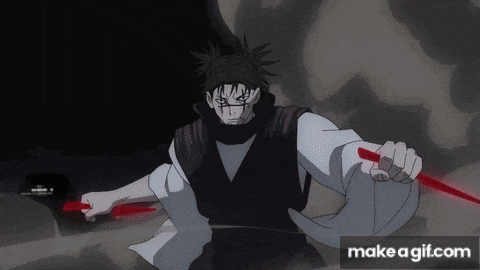 a man in a black and white kimono is holding two red swords and says make a gif.com