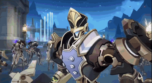 a video game character is standing in front of a group of soldiers