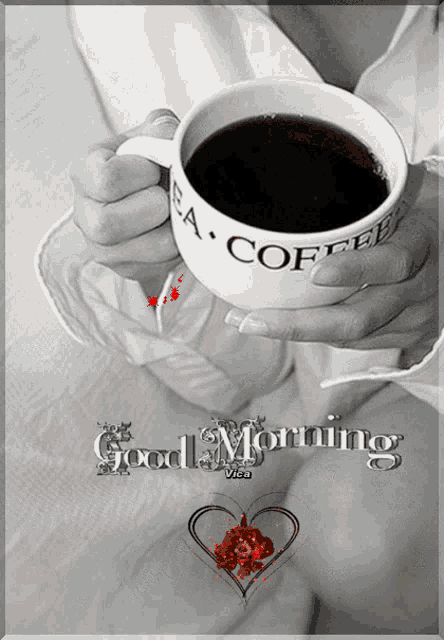 a woman holding a cup of tea and coffee with the words good morning written on the bottom