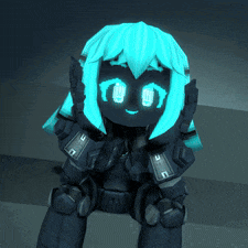 a robot with blue hair and glowing eyes sitting down