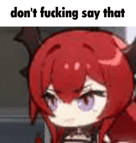 a picture of a red haired anime girl with the words `` don 't fucking say that '' written on it .