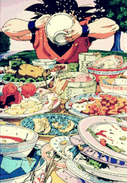 a cartoon drawing of a man sitting at a table with plates and bowls of food