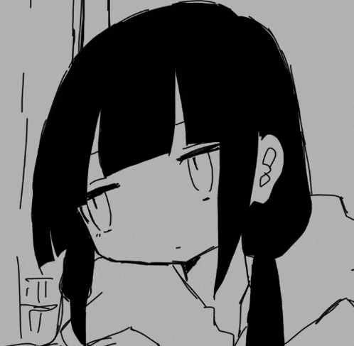 a black and white drawing of a girl with long hair and glasses .