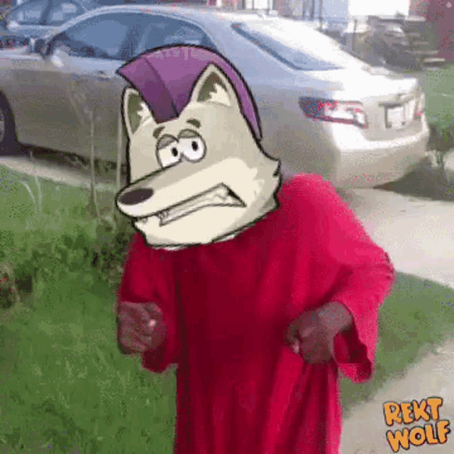 a cartoon wolf with a purple mohawk is wearing a red shirt and standing in front of a car .