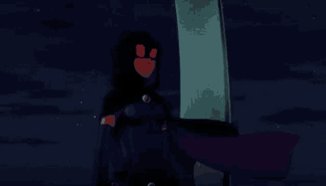 a cartoon character with red eyes and a cape is standing in front of a building at night .