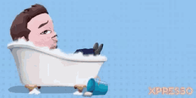 a cartoon of a man taking a bath with expresso in the bottom right corner