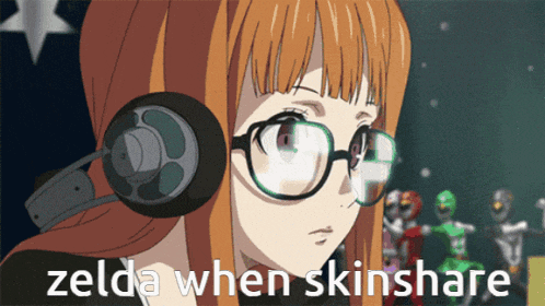a cartoon of a girl wearing headphones and glasses with the words zelda when skinshare below her