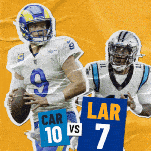 a collage of two football players with one holding a sign that says car 10 vs 7