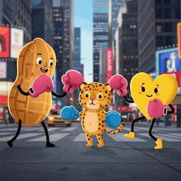 a cartoon of a peanut a leopard and a heart boxing on a city street