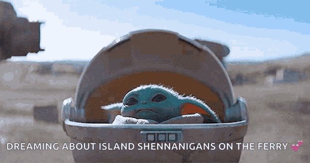 a baby in a crib with the words dreaming about island shenanigans on the ferry above it